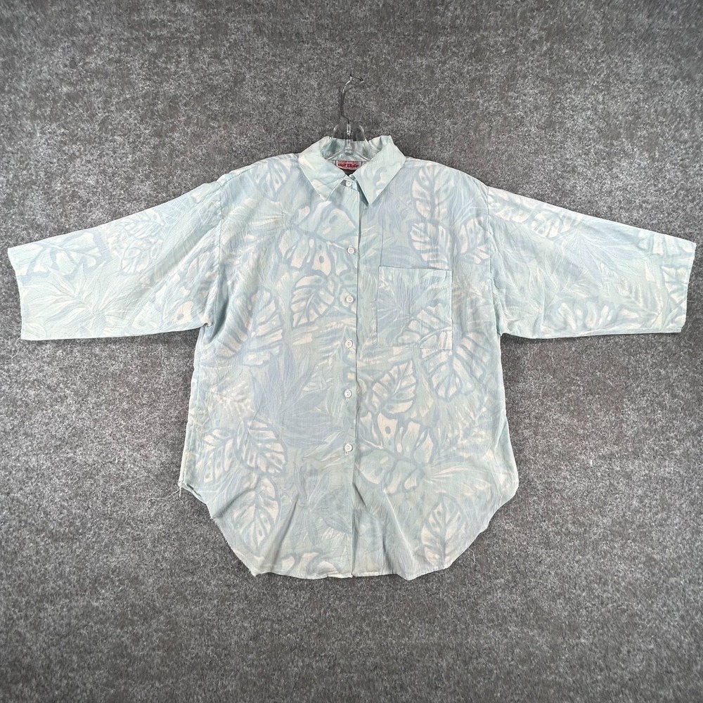 Vintage Hot Stuff Button Up Shirt Womens Light Blue Tropical Leaf 3/4 Sleeve
